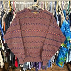Vintage Chaps Ralph Lauren Mens Large Cotton Fair Isle Sweater Purple Geometric